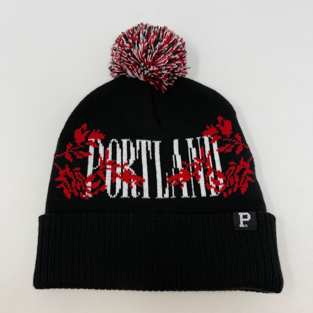 Portland Gear Rose City Beanie Black Red White Pom Pom Knit Hat Oregon OSFM